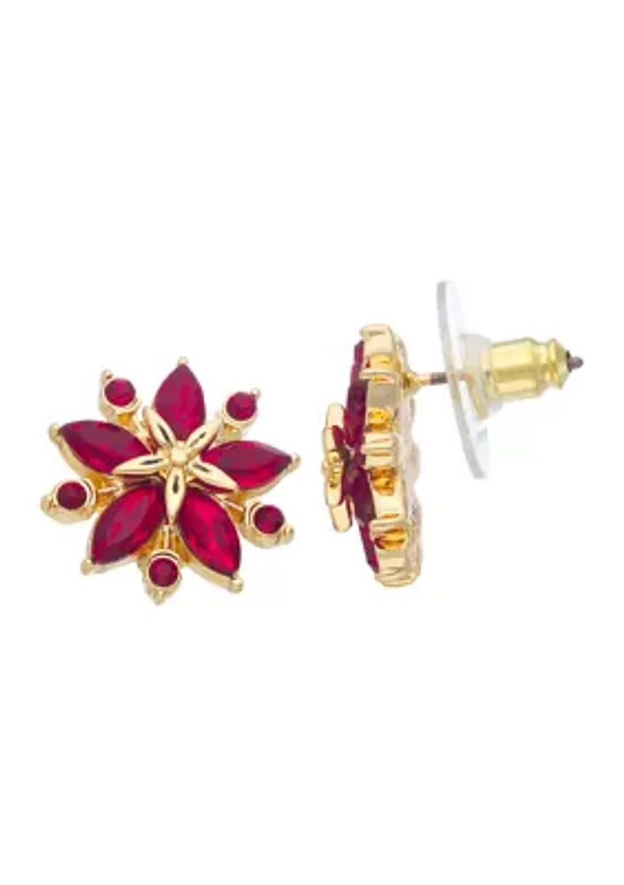 Gold Tone Red Poinsettia Stud Earrings