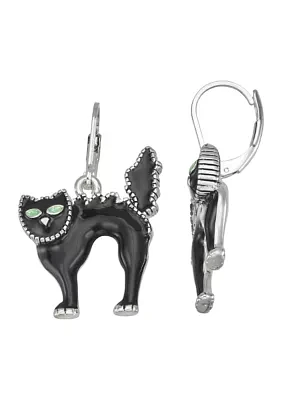 Silver Tone Black Cat Drop Earrings