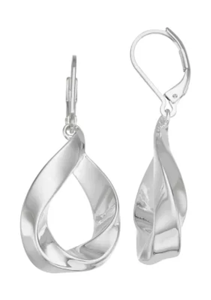 Silver Tone Ribbon Single Drop Earrings