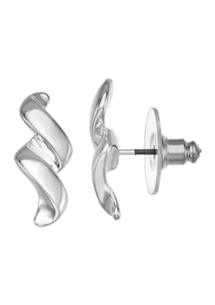 Silver Tone Ribbon Stud Earrings