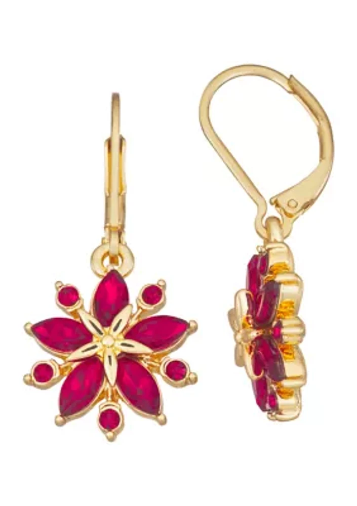 Gold Tone Red Poinsettia Drop Earrings