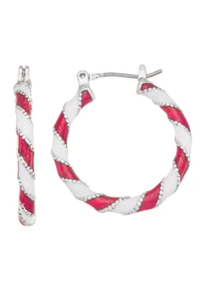 Silver Tone Multi Candy Cane Hoop Earrings