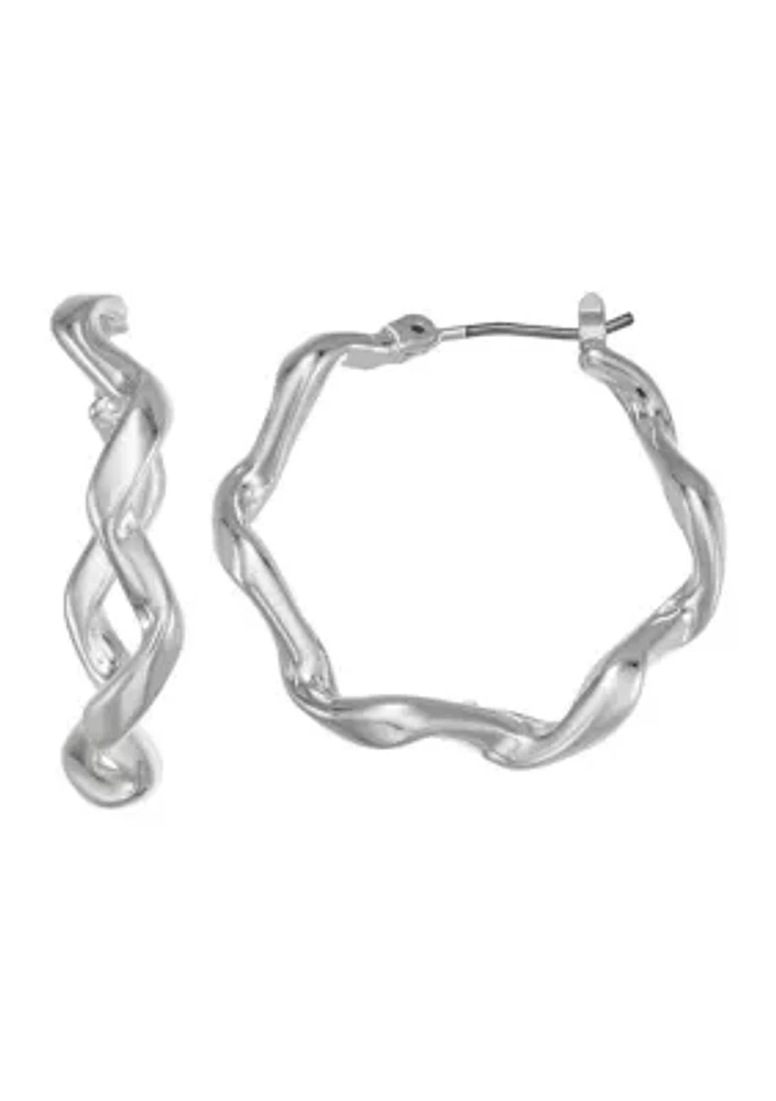 Silver Tone Twisted Ribbon Hoop Earrings