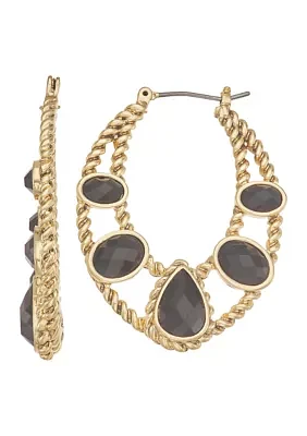 Gold Tone Jet Black Hoop Earrings