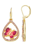 Gold Tone Pink Butterfly Drop Earrings