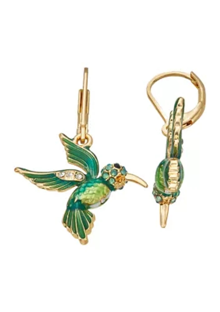 Gold Tone Green Hummingbird Drop Earrings