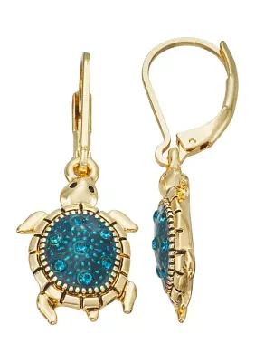 Gold Tone Blue Turtle Drop Earrings