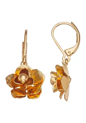 Gold Tone Flower Drop Lever Back Earrings