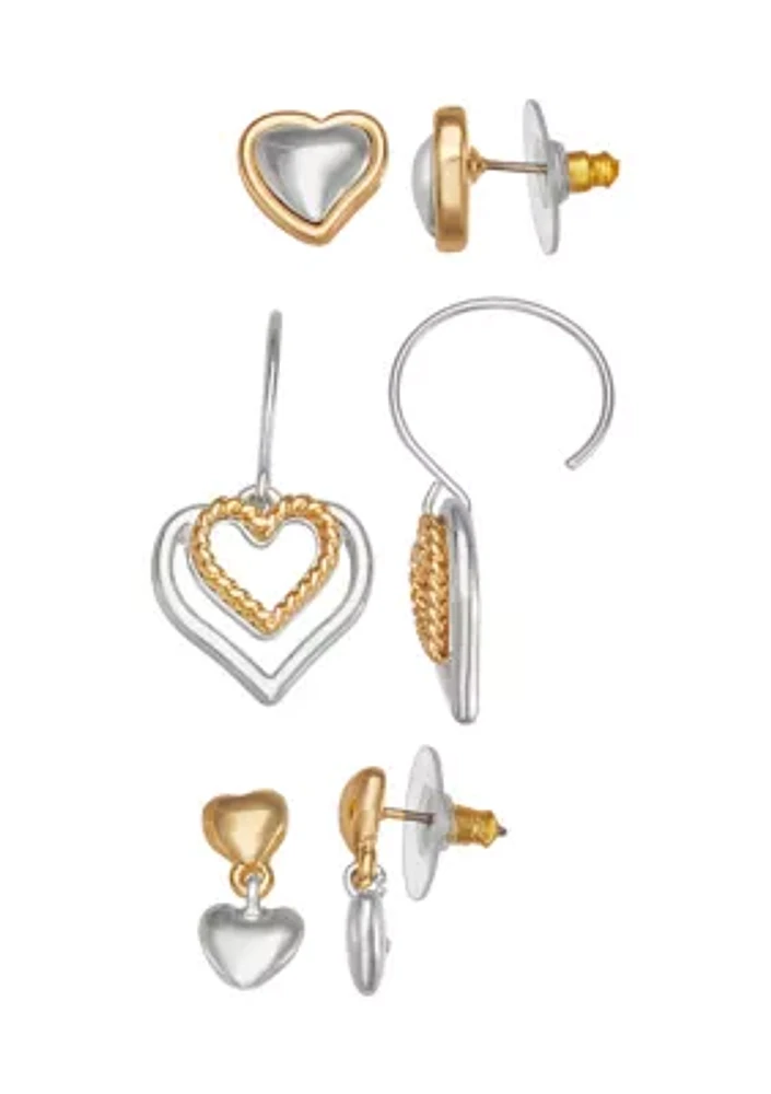 Two Tone Heart Stud Trio Earring Set