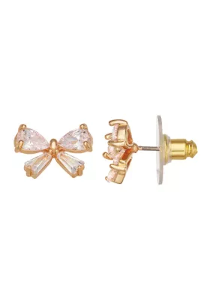 Gold Tone Crystal Bow Stud Earrings