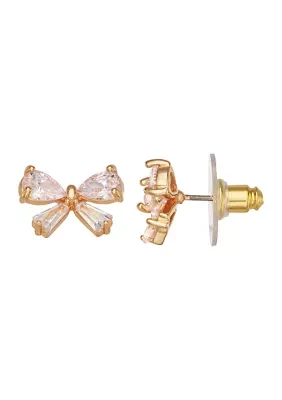 Gold Tone Crystal Bow Stud Earrings