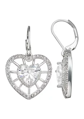 Silver Tone Crystal Heart Drop Earrings