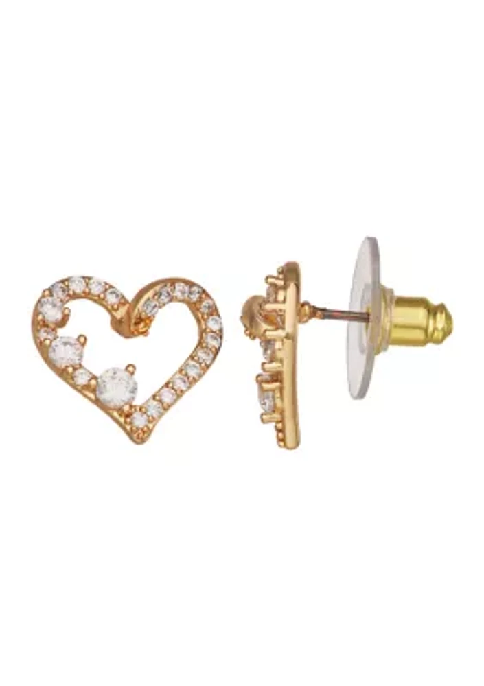 Gold Tone Crystal Heart Stud Earrings