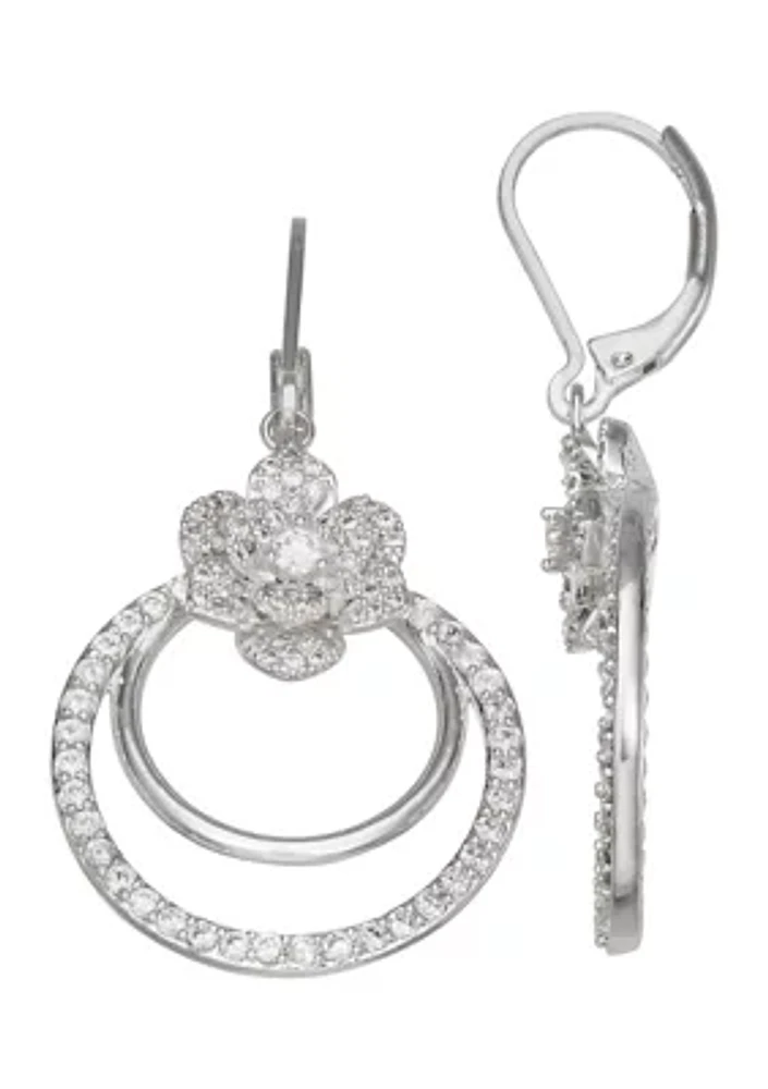 Silver Tone Crystal Round Drop Lever Back Earrings