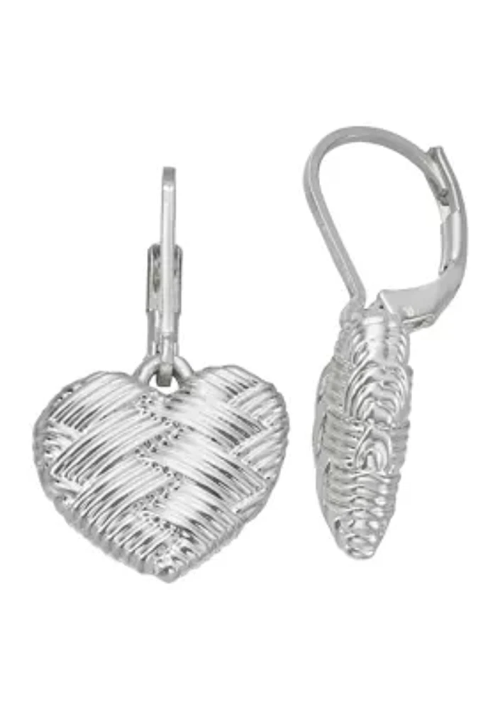 Silver Tone Textured Heart Drop Earrings