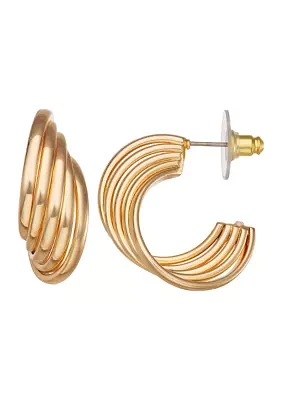 Gold Tone Ribbed C Hoop Earrings