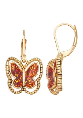 Gold Tone Coral Butterfly Drop Earrings