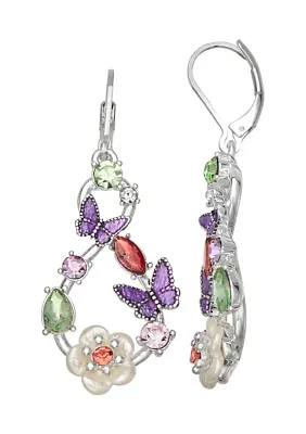 Silver Tone Multi Butterfly Flower Drop Earrings