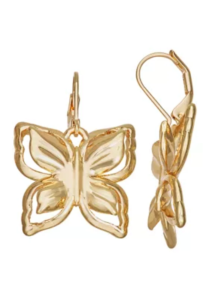 Gold Tone Butterfly Single Drop Earrings