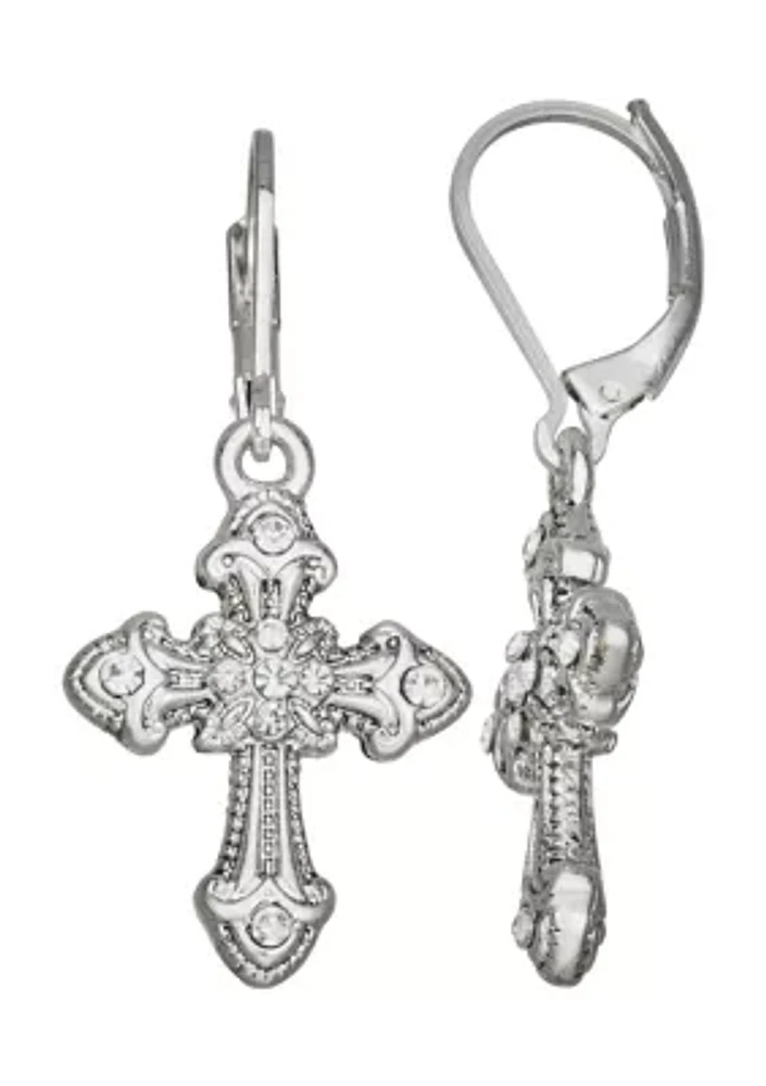 Silver Tone Cross Drop Earrings