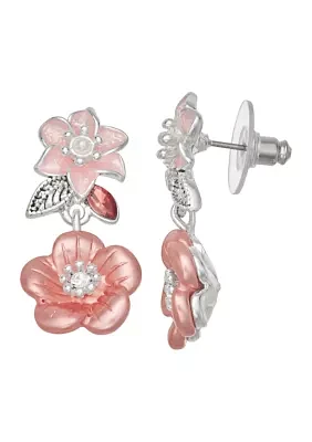 Silver Tone Pink Flower Double Drop Earrings