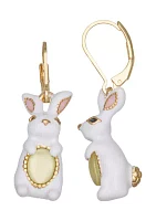 Gold Tone White Easter Bunny Drop Earrings