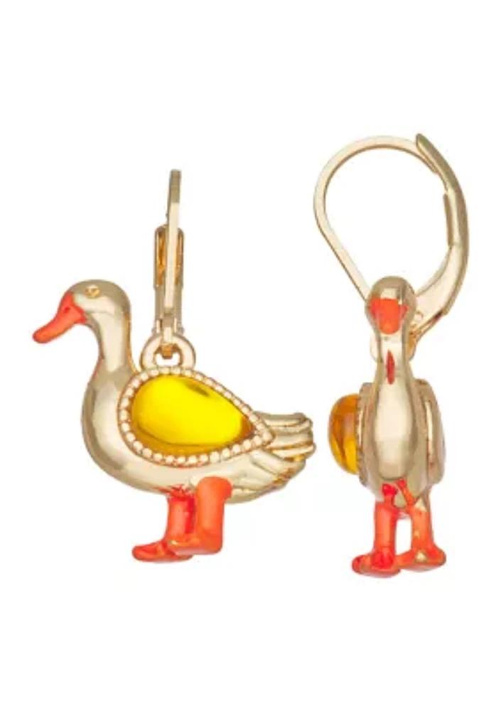 Gold Tone Yellow Easter Duck Drop Earrings