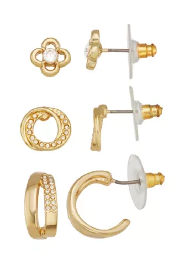 Gold Tone Crystal Stud Hoop Trio Earring Set