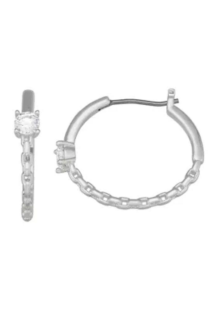 Silver Tone Crystal Stone Hoop Earrings