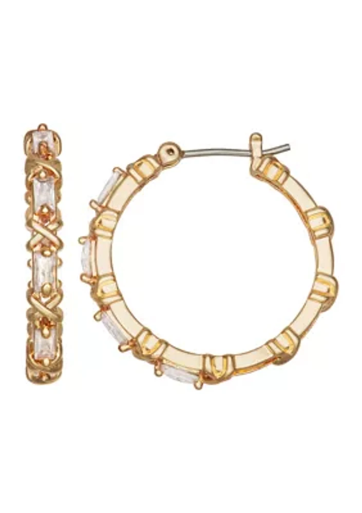 25 Millimeter Gold Tone Crystal Hoop Earrings