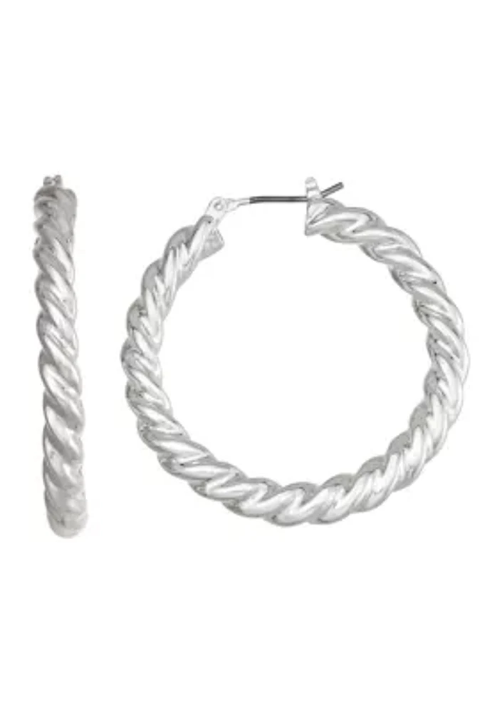 30 Millimeter Silver Tone Texture Twist Hoop Earrings