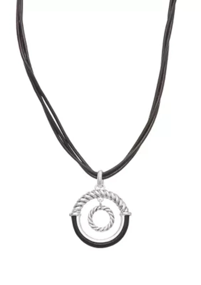 Silver Tone 16" Leather Pendant Necklace