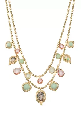 Gold Tone 16'' Multicolored Stone Multi Row Necklace