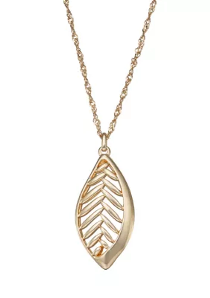 Gold Tone Falling Leaves Long Pendant Necklace