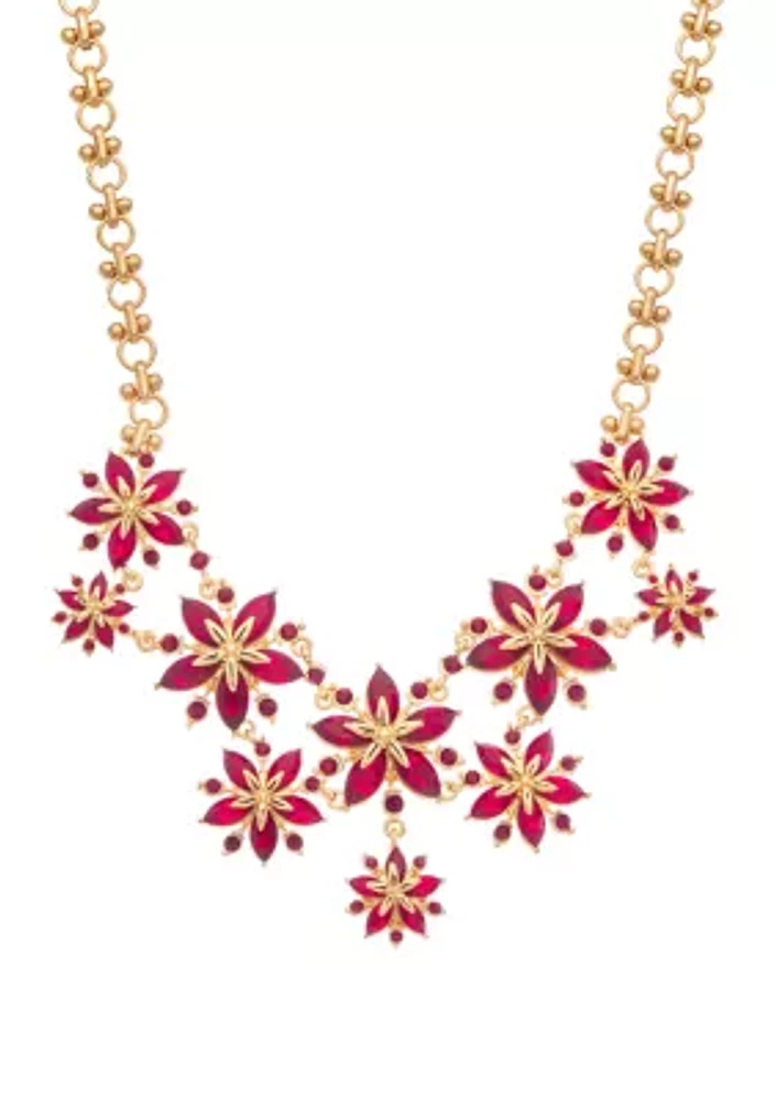 Gold Tone Red Poinsettia Frontal Necklace