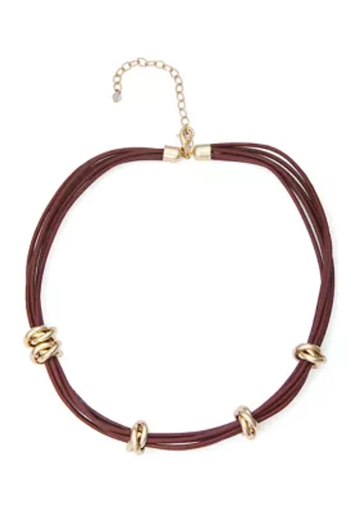 Gold Tone Leather Frontal Necklace