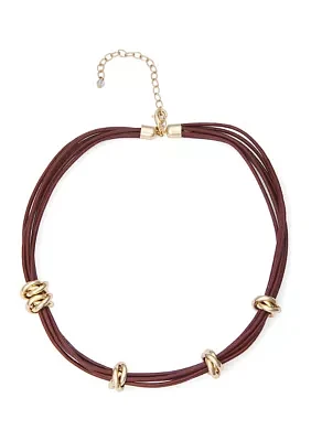 Gold Tone Leather Frontal Necklace