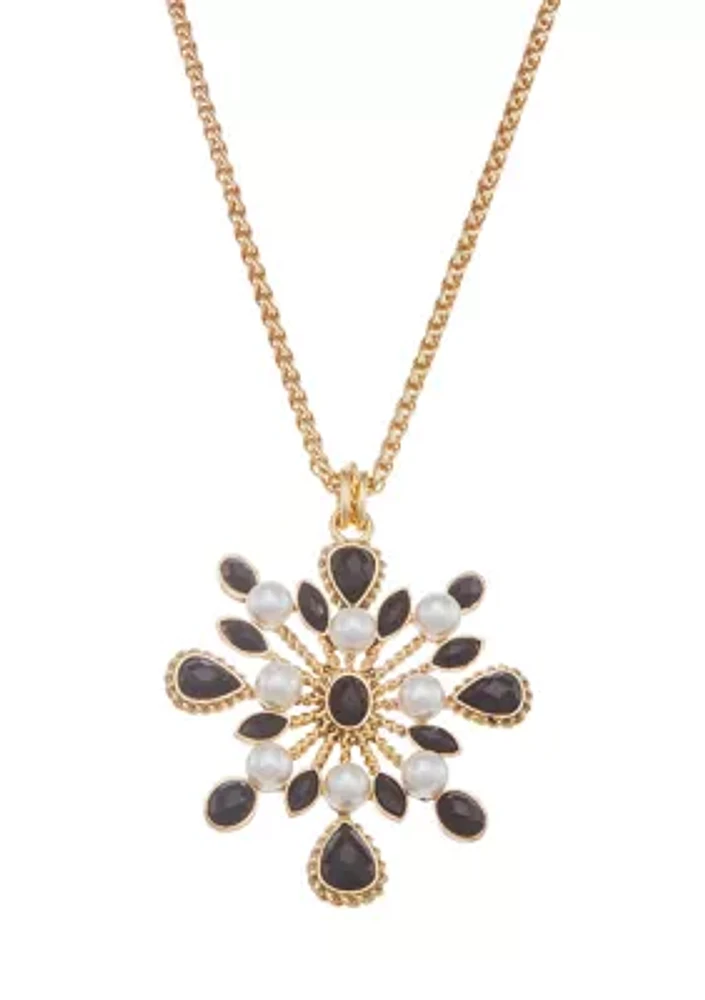 Gold Tone Jet Snowflake Long Pendant Necklace