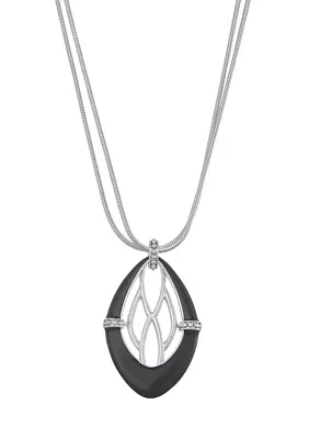 Silver Tone Jet Midnight Long Pendant Necklace