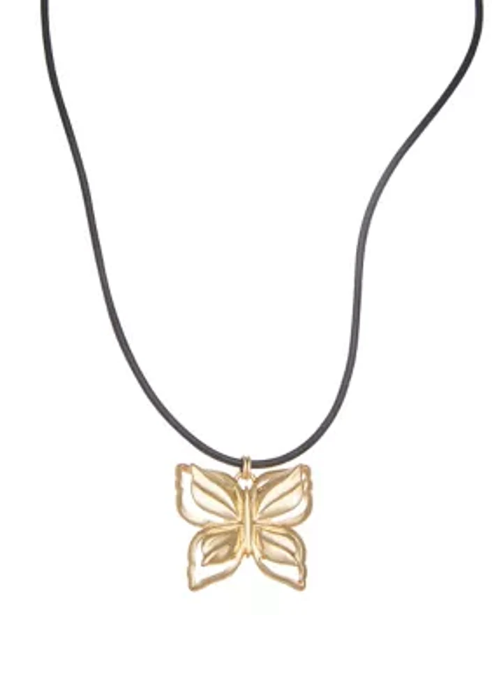 Gold Tone Butterfly Leather Pendant Necklace