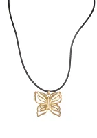 Gold Tone Butterfly Leather Pendant Necklace