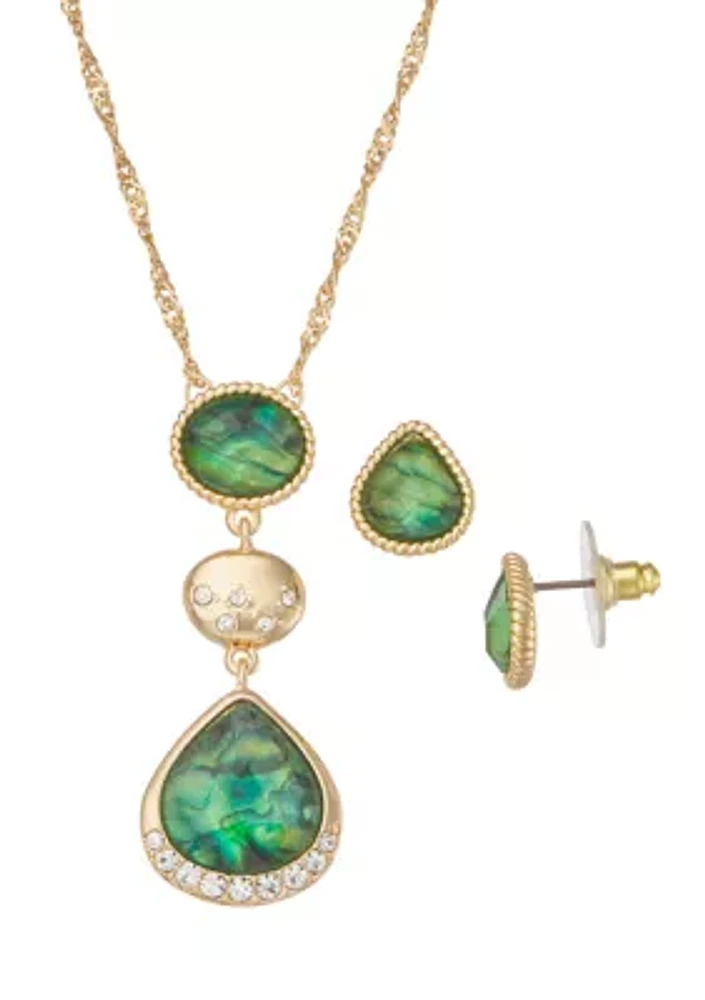 Gold Tone Green Abalone Necklace and Earring Set