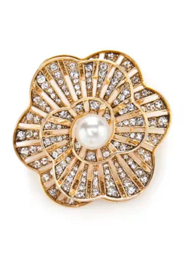 Gold Tone Pearl Flower Boxed Pin