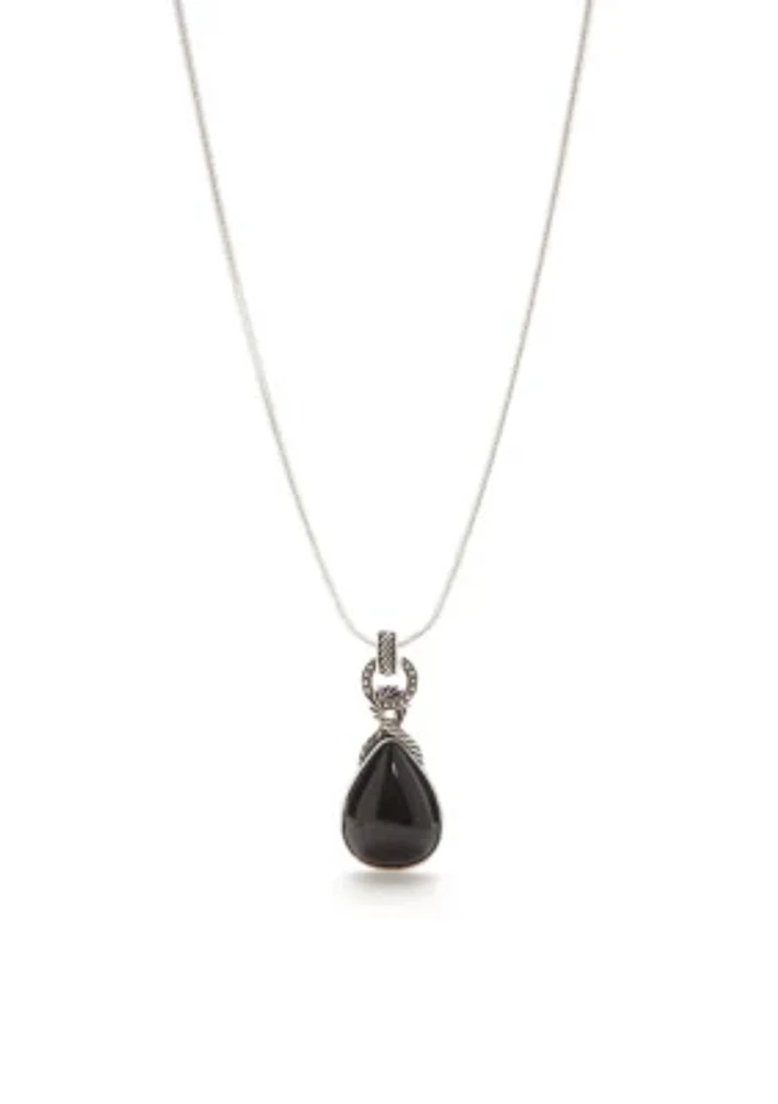 Silver-Tone Black Teardrop Pendant Necklace