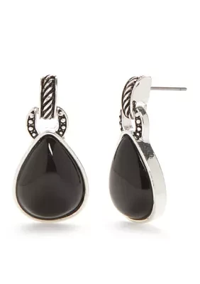 Silver Tone Jet Teardrop Earrings