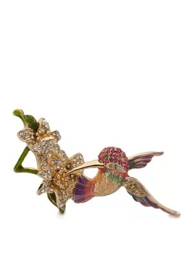 Gold-Tone Box In The Jungle Hummingbird Flower Pin