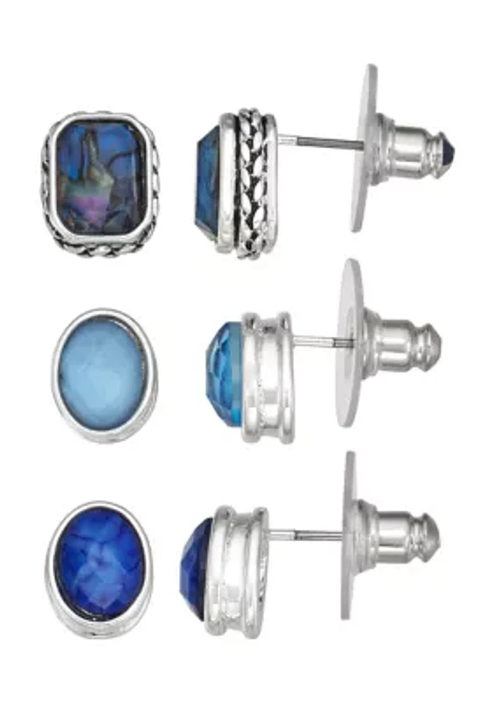 Silver Tone Blue Multi Stud Trio Set Earrings