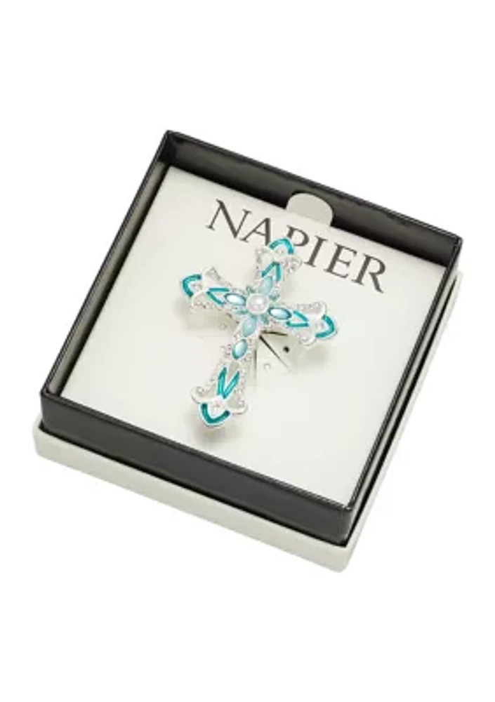 Silver Tone Blue Green Multi Cross Pin Boxed Jewelry