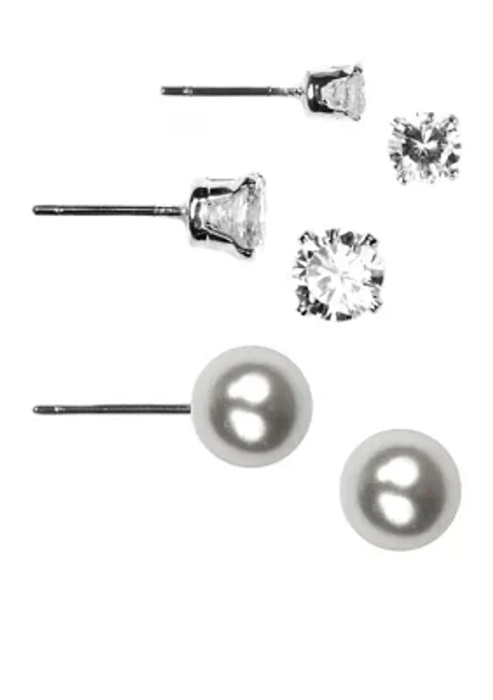 Three Crystal and Pearl Stud Earring Set