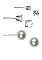 Three Crystal and Pearl Stud Earring Set